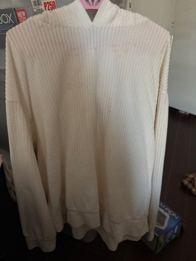 GU Ribbed Hoodie Cream (Category: Hoodies) located in Manila. Submitted by let_usdeclutter (Listing ID 1464646945, Image 1). Description: Cream colored hoodie from GU. Ribbed texture all over. Long sleeves. Hood attached. Some faint marks on the front, check photos. Material is polyester and polyurethane..