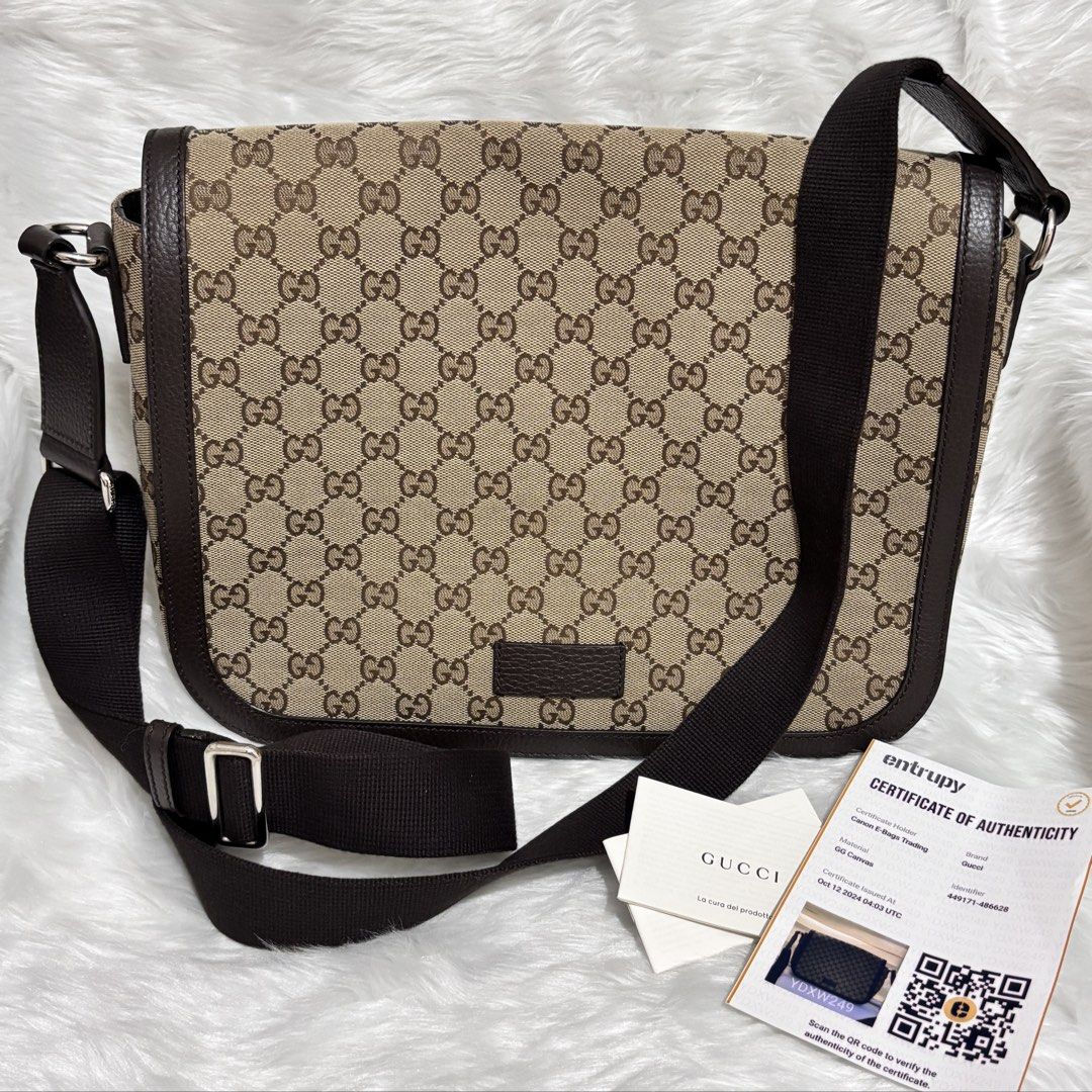Gucci GG Canvas Flap Messenger Bag (Category: Luxury Bags & Wallets) located in Quezon City. Submitted by leens.preloved (Listing ID 1462629066, Image 1). Description: - Classic Gucci messenger bag - Iconic GG monogram pattern - Durable canvas with leather trim - Adjustable black strap - Ideal for everyday use - Price: PHP 37,000.