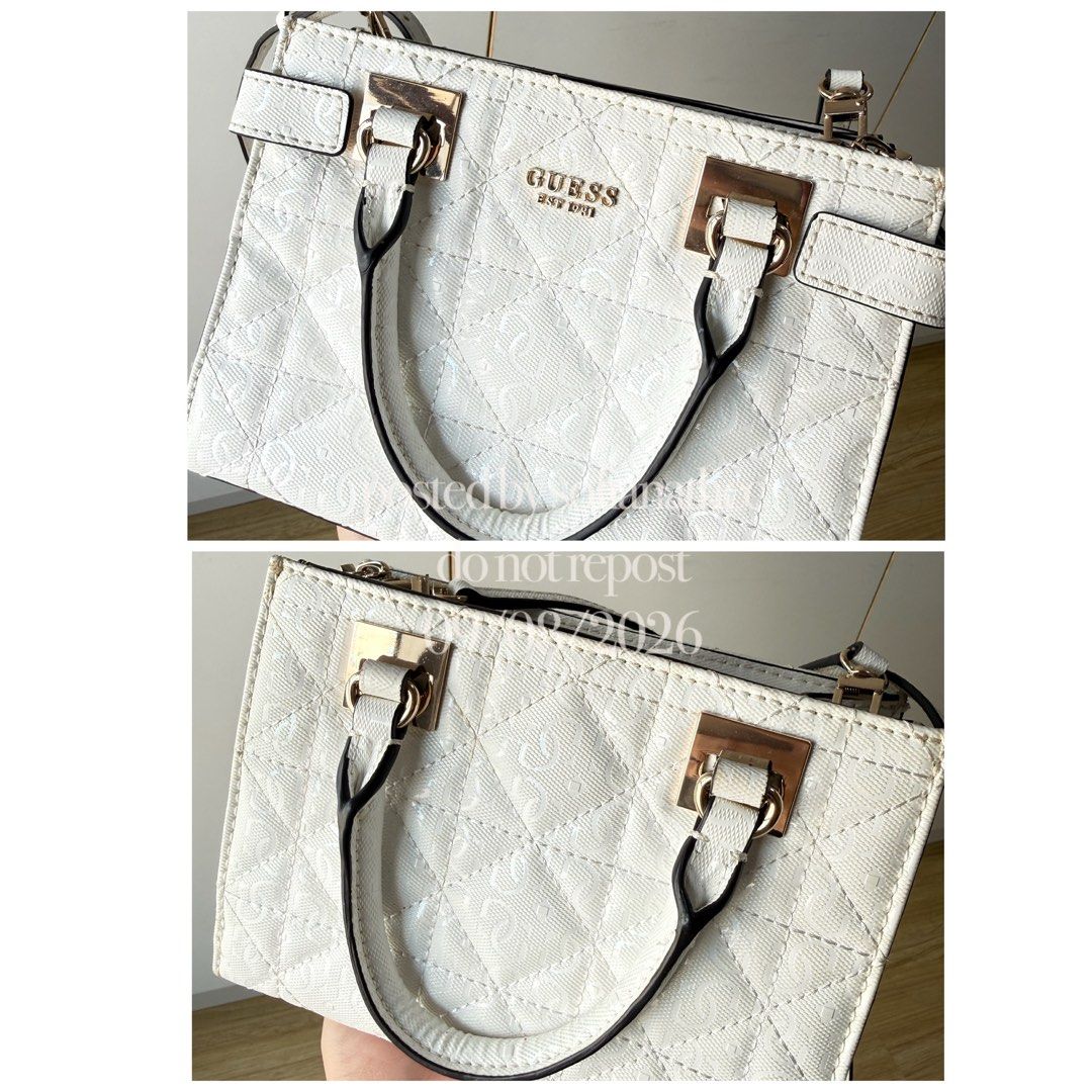 Guess White with Gold hardware Top Handle Bag with Shoulder Strap (Category: Shoulder Bags) located in Manila. Submitted by sofianathcc (Listing ID 1464631063, Image 2). Description: - White Guess handbag/crossbody bag - Quilted pattern - Gold hardware - Top handle - Detachable shoulder strap - Multiple interior compartments - Clean inside and out - Perfect for everyday or special occasions - bought for 5k in store - RFS: decluttering Price still