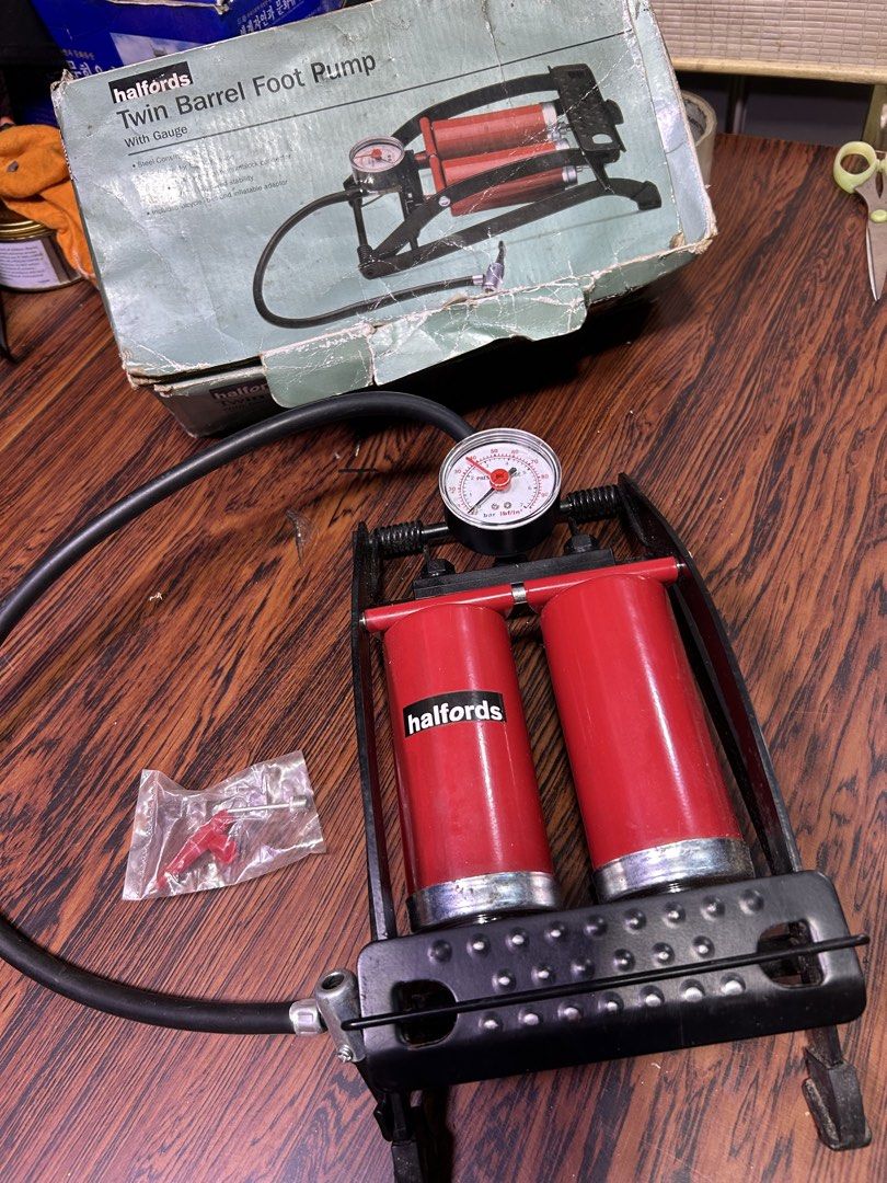 Halfords Twin Barrel Foot Pump With Gauge (Category: Bicycles) located in Manila. Submitted by starbalesukandjapansurplus (Listing ID 1464576866, Image 1). Description: - Halfords Twin Barrel Foot Pump - Built-in pressure gauge for accurate inflation - Comes with hummock connector and inflatable adaptor - Durable steel construction - Ideal for bicycles, balls, and other inflatables.