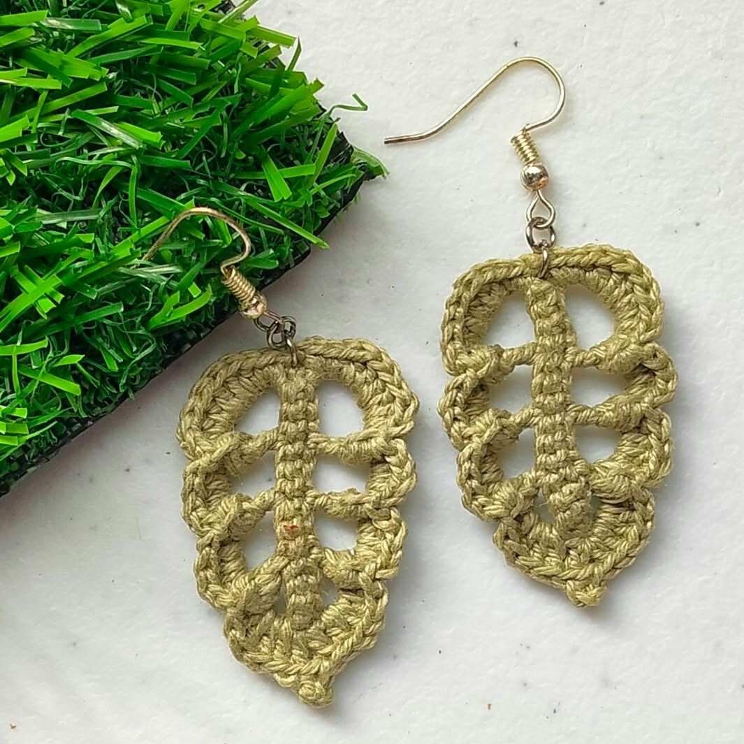 Handmade Crochet Leaf Earrings - Green & Khaki (Category: Earrings) located in Calamba. Submitted by kedinizin_ip (Listing ID 1464595130, Image 1). Description: - Cute handmade crochet earrings - Leaf shape design - Available colors: Yellow Green, Green & Military Green - Lightweight and comfortable to wear - Adds a natural touch to any outfit - Perfect for casual wear or as a gift - Each pair is uniquely crafted - What you see is what you get.