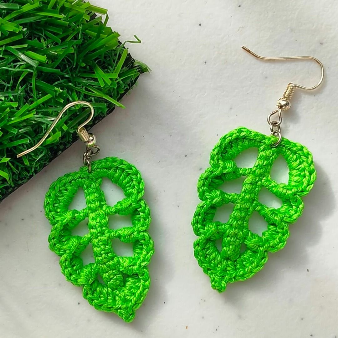 Handmade Crochet Leaf Earrings - Green & Khaki (Category: Earrings) located in Calamba. Submitted by kedinizin_ip (Listing ID 1464595130, Image 3). Description: - Cute handmade crochet earrings - Leaf shape design - Available colors: Yellow Green, Green & Military Green - Lightweight and comfortable to wear - Adds a natural touch to any outfit - Perfect for casual wear or as a gift - Each pair is uniquely crafted - What you see is what you get.