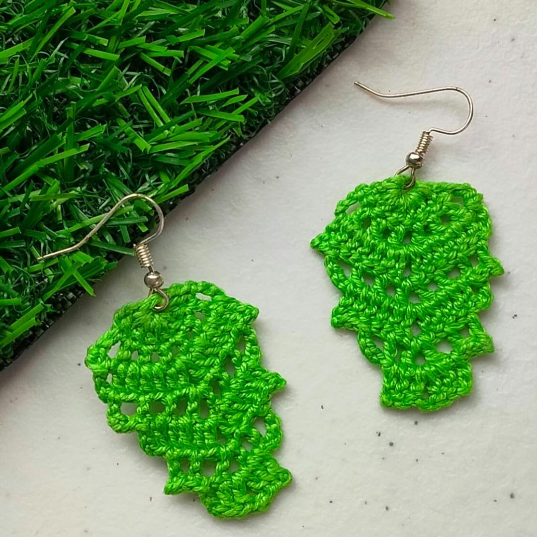 Handmade Crochet Leaf Earrings (Category: Earrings) located in Calamba. Submitted by kedinizin_ip (Listing ID 1464595329, Image 3). Description: - Cute handmade crochet earrings - Shaped like leaves - Available colors: earthy tones, red, vibrant green - Lightweight and comfortable to wear - Adds a pop of color to any outfit - Perfect for casual wear or as a unique gift - What you see is what you get.