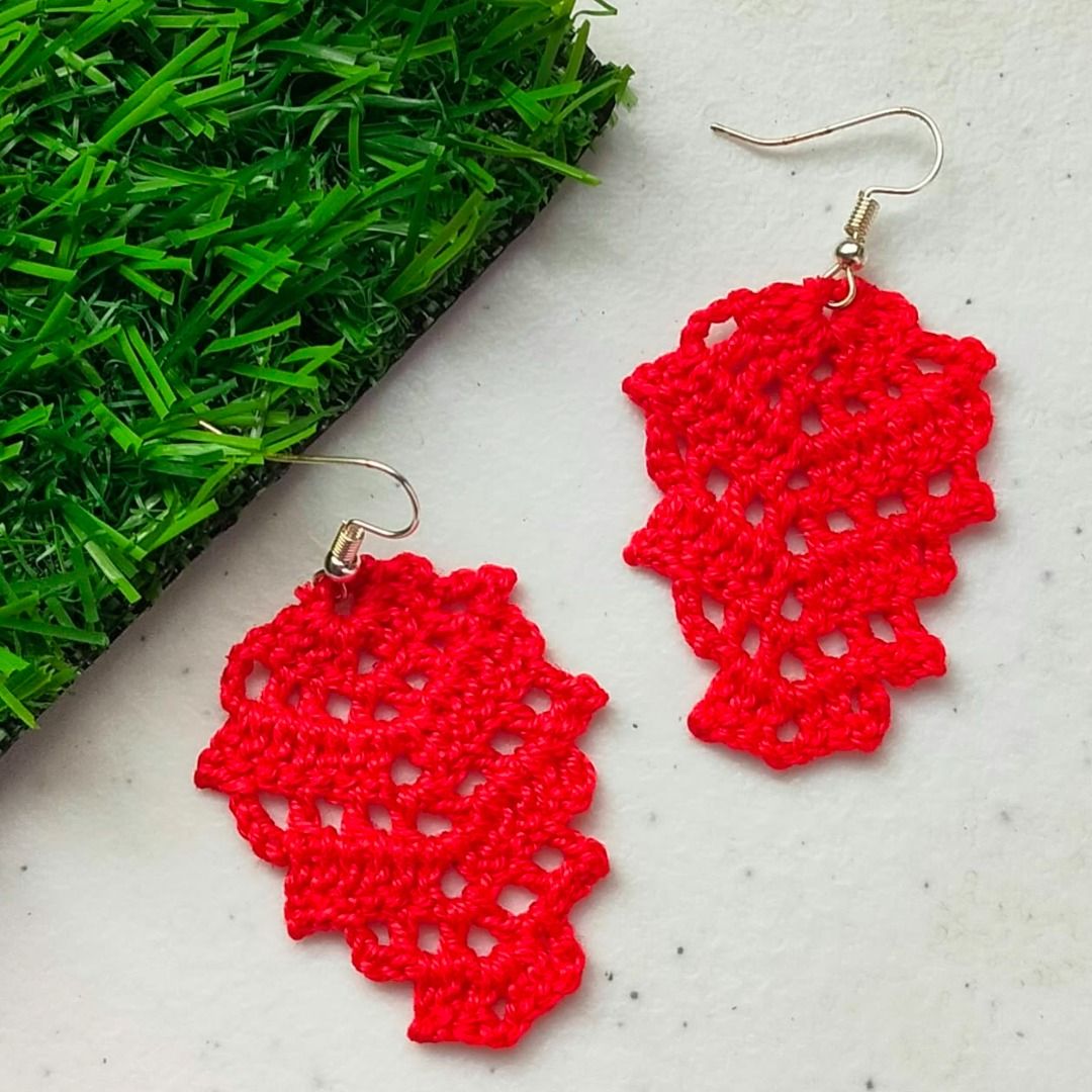 Handmade Crochet Leaf Earrings (Category: Earrings) located in Calamba. Submitted by kedinizin_ip (Listing ID 1464595329, Image 2). Description: - Cute handmade crochet earrings - Shaped like leaves - Available colors: earthy tones, red, vibrant green - Lightweight and comfortable to wear - Adds a pop of color to any outfit - Perfect for casual wear or as a unique gift - What you see is what you get.