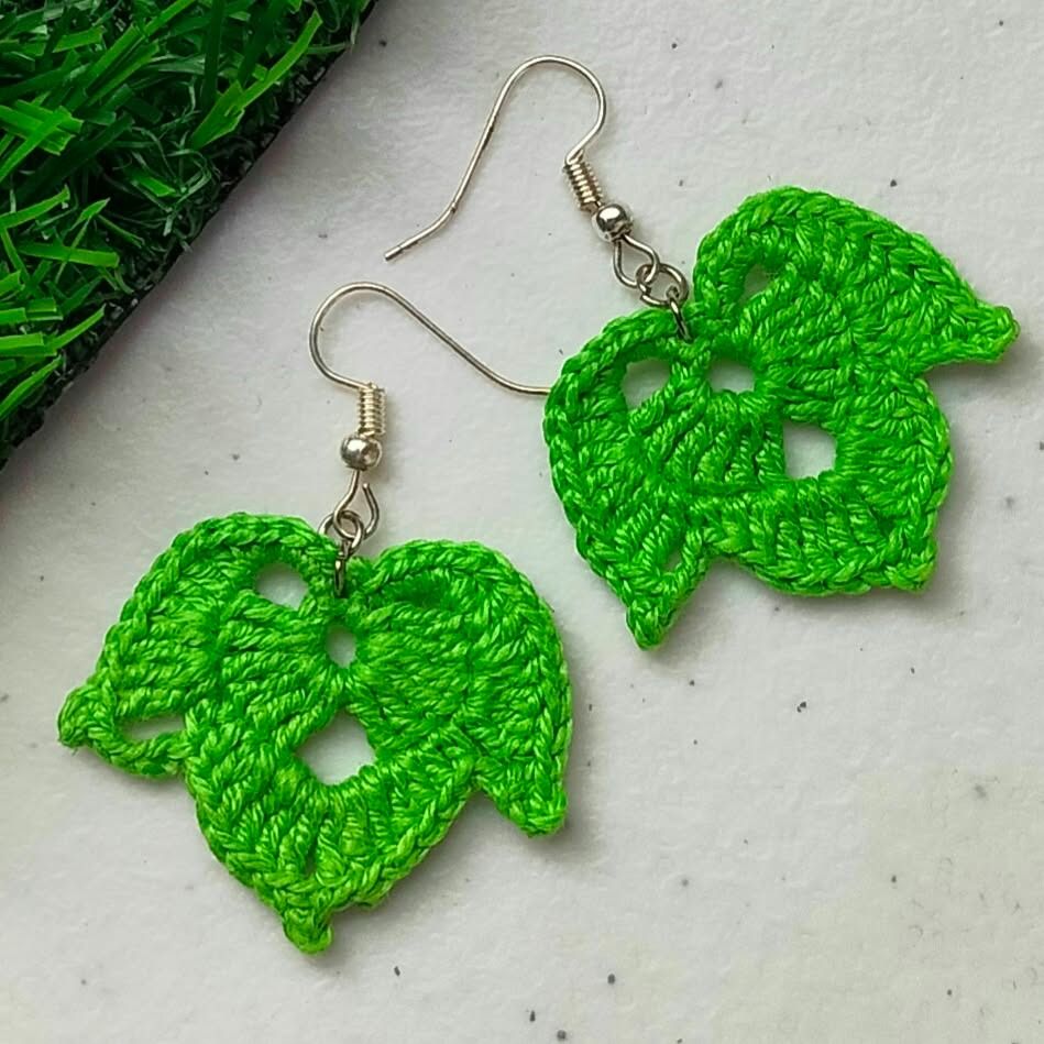Handmade Crochet Leaf Earrings - Multiple Colors Available (Category: Earrings) located in Calamba. Submitted by kedinizin_ip (Listing ID 1464595857, Image 3). Description: - Cute handmade crochet earrings - Leaf shape - Available colors: Military Green, Green, Yellow Green - Lightweight and comfortable to wear - Adds a touch of nature to any outfit - Perfect for casual wear - Great as a unique gift - What you see is what you get.