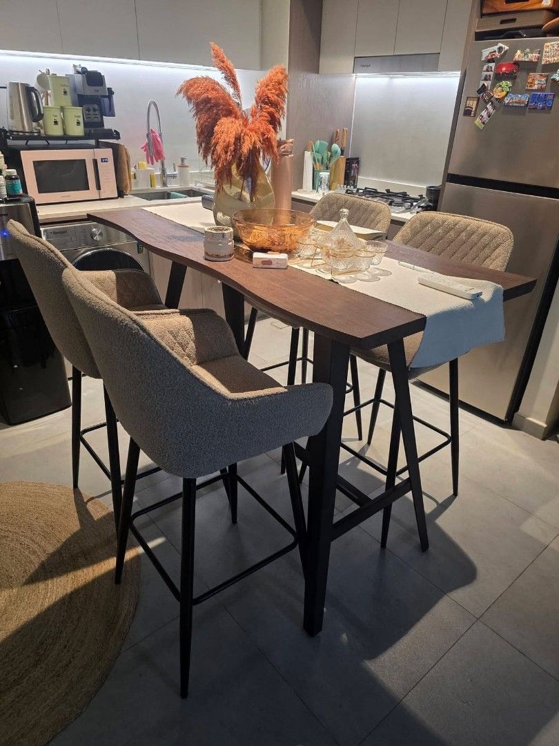 High Dining Set (Category: Tables & Sets) located in Manila. Submitted by jennaizme (Listing ID 1464598935, Image 1). Description: Lightly used high Dining table and chairs Chair need upholstery. Table solid and quality..