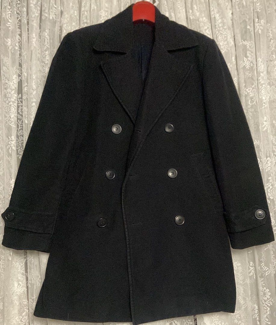 H&M Black Regular Fit Double-Breasted Pea Coat (Category: Coats, Jackets and Outerwear) located in Caloocan City. Submitted by declutteringph. (Listing ID 1464665010, Image 2). Description: Size 46 on the tag! Dimensions: (inches) Shoulder width: 16” Bust width: 20” Body Length: 32,” Sleeves Length: 24”.