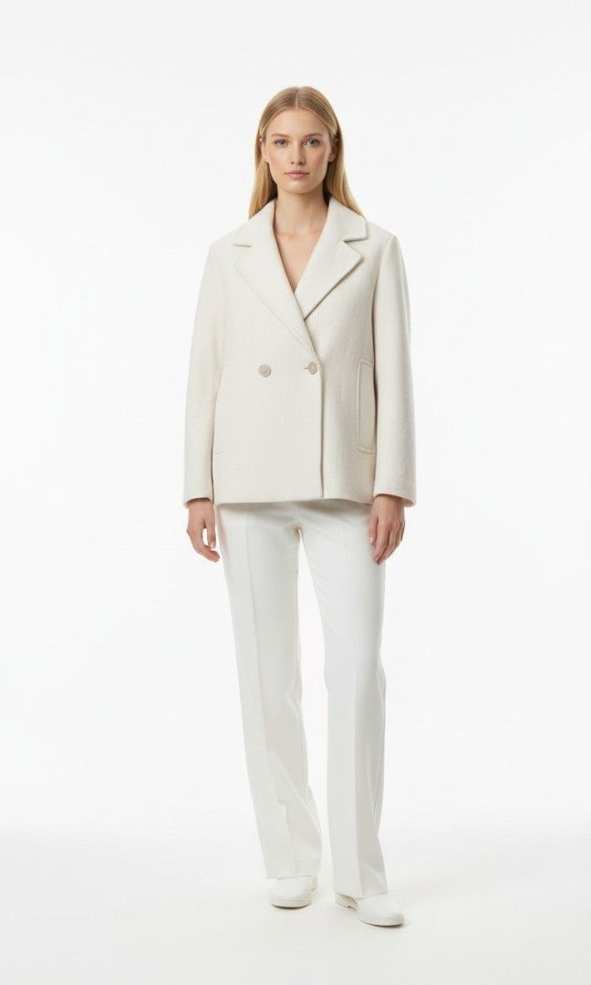 H&M short Pea Coat light beige (Category: Coats, Jackets and Outerwear) located in Legazpi City. Submitted by madearchivesofficial (Listing ID 1464590999, Image 3). Description: pre loved🧥 size: medium on tag length:26in width:20in condition: very good(dry cleaned✅️) dm for more inquiries📩.