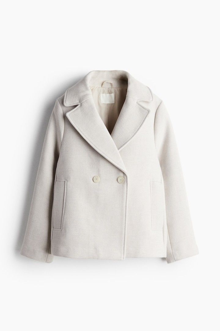 H&M short Pea Coat light beige (Category: Coats, Jackets and Outerwear) located in Legazpi City. Submitted by madearchivesofficial (Listing ID 1464590999, Image 2). Description: pre loved🧥 size: medium on tag length:26in width:20in condition: very good(dry cleaned✅️) dm for more inquiries📩.