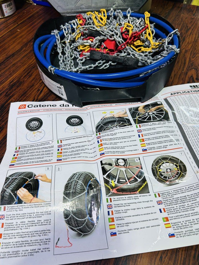 Husky 9mm Snow Chains for Tires (Category: Body Parts and Accessories) located in Manila. Submitted by starbalesukandjapansurplus (Listing ID 1464576581, Image 2). Description: - Husky snow chains - 9mm thickness - Fits various tire sizes (check photo chart) - Comes with a sturdy black case - Instructions included - Ideal for winter driving safety.
