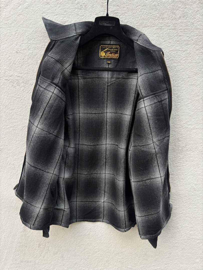 Indian Motorcycle Shadow Plaid Wool Zip Jacket (Category: Coats, Jackets and Outerwear) located in Baguio. Submitted by thecollector2600 (Listing ID 1464697958, Image 3). Description: Indian Motorcycle Shadow Plaid Wool Zip Jacket Size 38 Pit to pit-21” Length-27” Shoulder to shoulder-18” Sleeves-23.5” Made in Japan Excellent condition Produced in Japan under Toyo Enterprise, this Indian Motorcycle jacket is a meticulous reproduction of classic 1