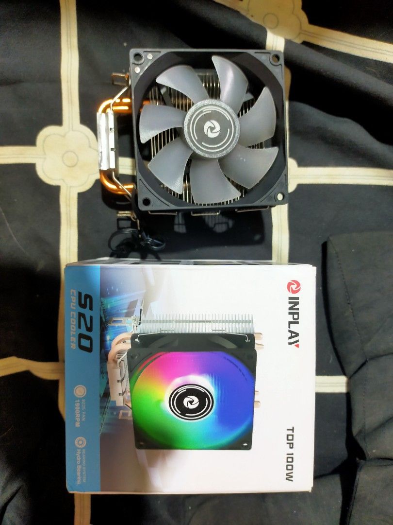 INPLAY S20 CPU Cooler with RGB Fan (Category: Computer Parts) located in Quezon City. Submitted by joelvh (Listing ID 1464646254, Image 1). Description: - INPLAY S20 CPU Cooler - Wide Compatibility: Intel LGA 115x/1200/17xx/1366 & AMD FM1/FM2/AM2/AM3/AM4/AM5 - High Performance Fan: Up to 1900RPM - Stunning RGB Lighting - Cooling Power: 100W TDP - Easy Installation: Mounting hardware and instructions included Used for one year. Includes mount, scr