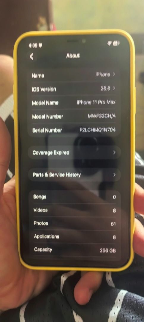 iPhone 11 promax (Category: iPhone 11 Series) located in Taguig. Submitted by slime824 (Listing ID 1464622756, Image 1). Description: - iPhone 11 Pro Max - 256GB storage - Comes with a vibrant yellow case - Running iOS 16.6 - Perfect for photos, videos, and daily tasks - Battery Health 100%.