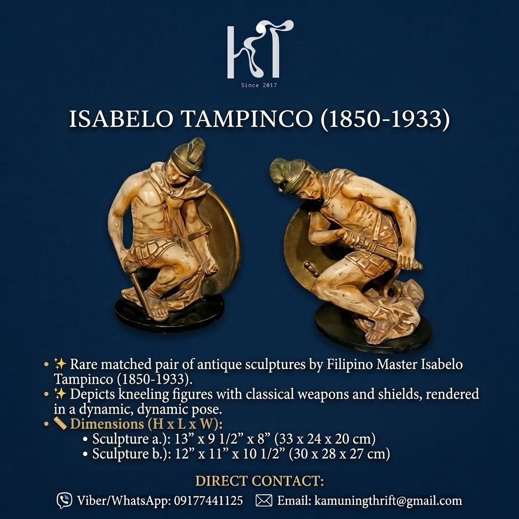 Isabelo Tampinco sculpture (Category: Figurines & Statues) located in Makati City. Submitted by kt_exchange (Listing ID 1464613330, Image 1). Description: Isabelo Tampinco (1850-1933). Provenance: Leon Gallery The sculptures depict figures in a kneeling pose with shields and weapons. Dimensions are: a.) H: 13" (33 cm), L: 9 1/2" (24 cm), W: 8" (20 cm) and b.) H: 12" (30 cm), L: 11" (28 cm), W: 10 1/2" (27cm)..