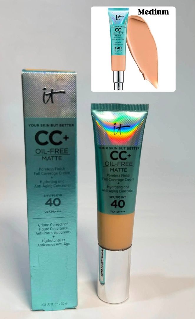 IT Cosmetics CC+ Oil-Free Matte Full Coverage Cream SPF 40 - Medium (Category: Makeup) located in Cebu City. Submitted by kyeshamori24 (Listing ID 1464684248, Image 1). Description: - IT Cosmetics CC+ Oil-Free Matte Full Coverage Cream - Shade: Medium - Finish: Poreless, Matte - Coverage: Full - Benefits: Hydrating, Anti-aging - Protection: SPF 40 - Condition: Brand new, in original packaging.