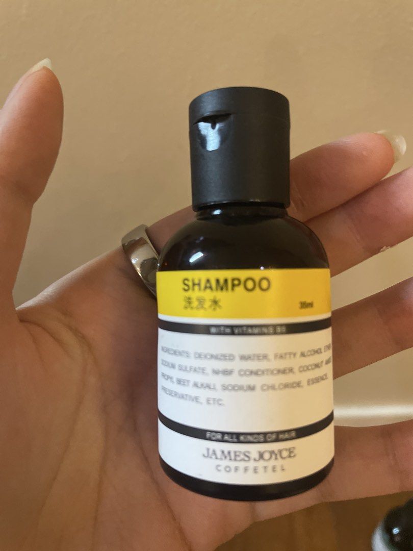 James Joyce Coffetel Scent Chant Shampoo 35ml (Category: Hair) located in Mandaluyong City. Submitted by beautyfashdeclutter (Listing ID 1464714292, Image 1). Description: - Product: Travel size hotel shampoo bottle - Volume: 35ml - Scent: Chant fragrance (designed and perfumed in France) - Design: Sleek black bottle with yellow and white label, secure flip-top cap - Condition: Brand new, unused - Production Date: October 2025.
