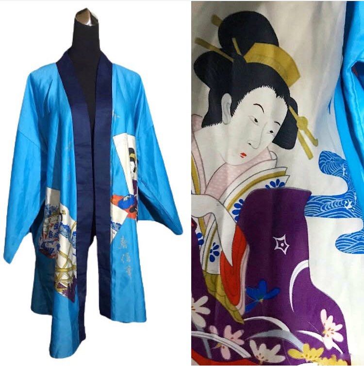 Japan Geisha Kimono Topper (Category: Coats, Jackets and Outerwear) located in Marikina City. Submitted by theconstantdeclutterer (Listing ID 1464624329, Image 2). Description: Vintage authentic kimono, made in Japan. XL size, 25 inches bust, 39 inches length. Teal blue with geisha print. Preloved. Order now! ⭐️ .