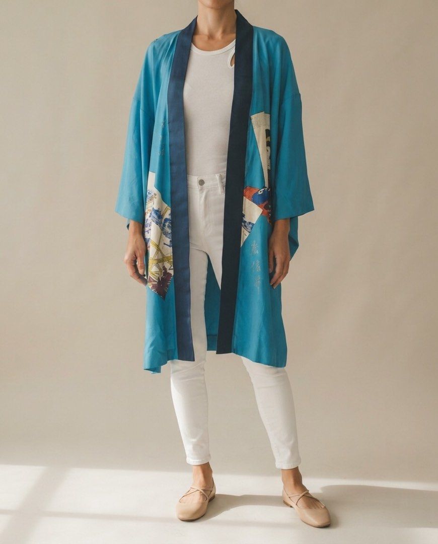 Japan Geisha Kimono Topper (Category: Coats, Jackets and Outerwear) located in Marikina City. Submitted by theconstantdeclutterer (Listing ID 1464624329, Image 1). Description: Vintage authentic kimono, made in Japan. XL size, 25 inches bust, 39 inches length. Teal blue with geisha print. Preloved. Order now! ⭐️ .