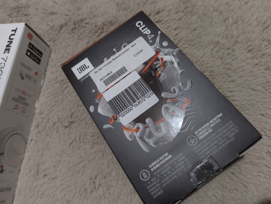 JBL Clip 4 Portable Bluetooth Speaker Black (Category: Soundbars, Speakers & Amplifiers) located in Bauang. Submitted by jerwinpere15921 (Listing ID 1464729457, Image 2). Description: - Brand new & 100% sealed in original retail packaging - Color: Sleek Black - Up to 10 hours of continuous playtime per charge - IP67 waterproof and dustproof for outdoor use - Built-in carabiner clip to easily attach to bags or belt loops - Fast and stable Bluetoot