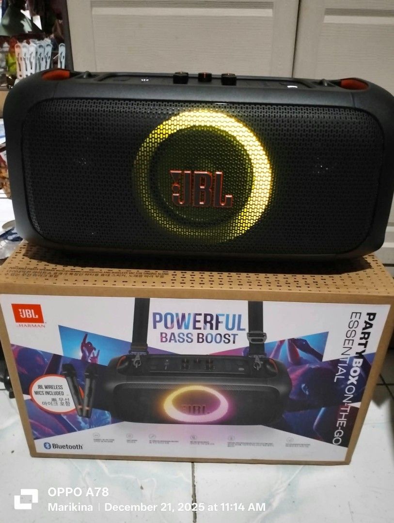 JBL Partybox On-The-Go Essential (Category: Soundbars, Speakers & Amplifiers) located in Mandaluyong City. Submitted by love_maia (Listing ID 1464578195, Image 1). Description: PARTYBOX ON-THE-GO ESSENTIAL Original Price: 21,999 Condition: Brandnew, just opened for testing. Price is still negotiable. What's in the box? 1 JBL PartyBox On-The-Go Essential 2 Wireless Microphone 1 AC power cord 1 Quick-start guide.