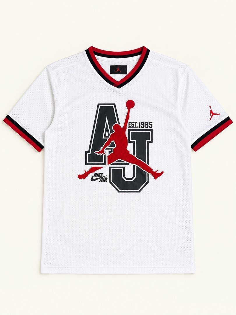 Jordan AJ Est 1985 White Mesh Jersey (Category: Activewear) located in Davao. Submitted by youngboythrift25 (Listing ID 1464712541, Image 1). Description: Jordan jersey Size small mens / medium womens Excellent condition Issue cut wash tag Color rate 9/10 .