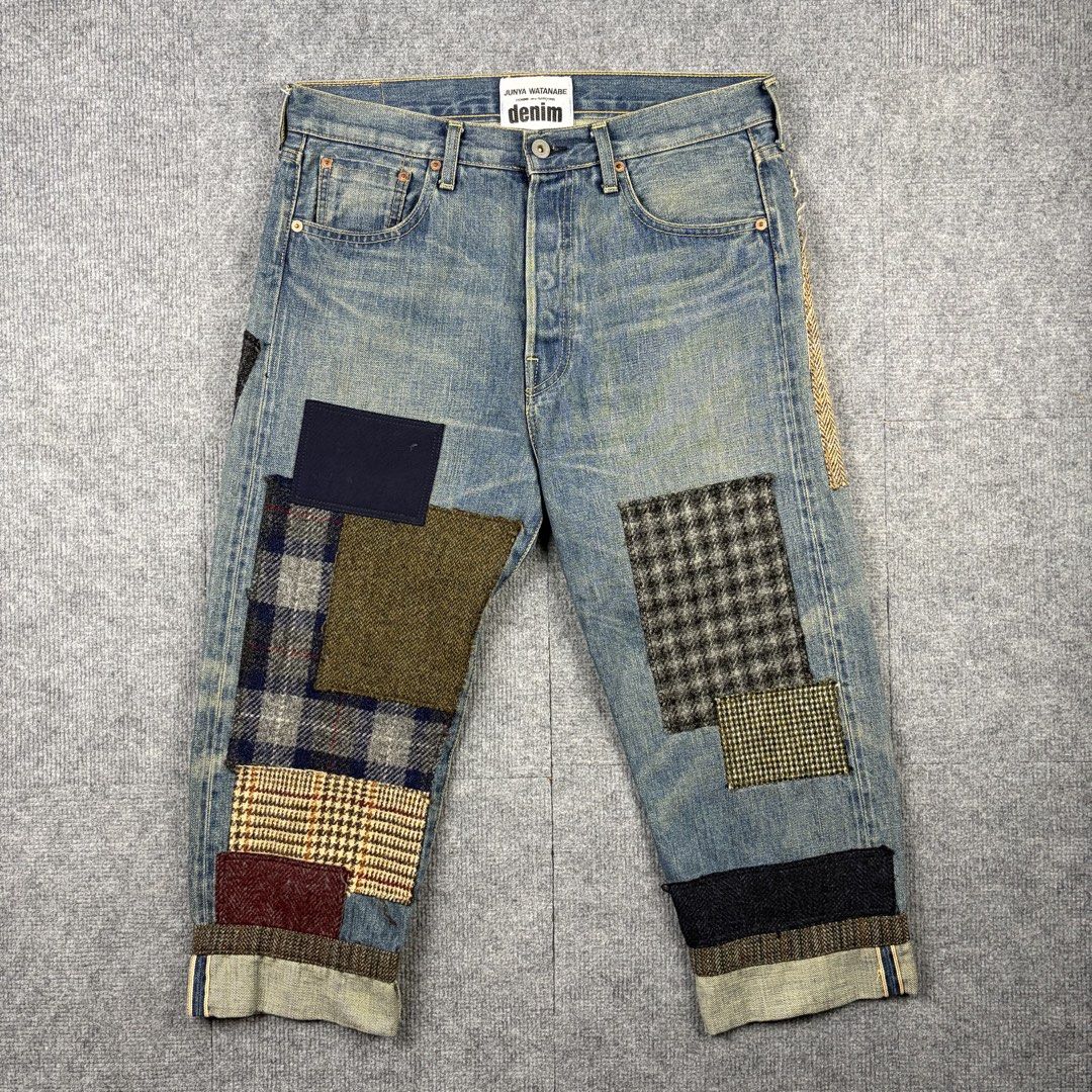 Junya Watanabe Comme des Garcons Patchwork Selvedge Jeans (Category: Luxury Apparel) located in Manila. Submitted by yourtherapist_ (Listing ID 1464709867, Image 1). Description: Junya Watanabe Comme des Garcons Patchwork Selvedge Jeans Size: S Condition: Excellent Material: 100% Cotton Main, 97% Attached fabric wool Made in: Japan Measurements Waist: 32 Length: 31.5 Hem: 7.5 Front Rise: 13 Thigh: 11 14,000.