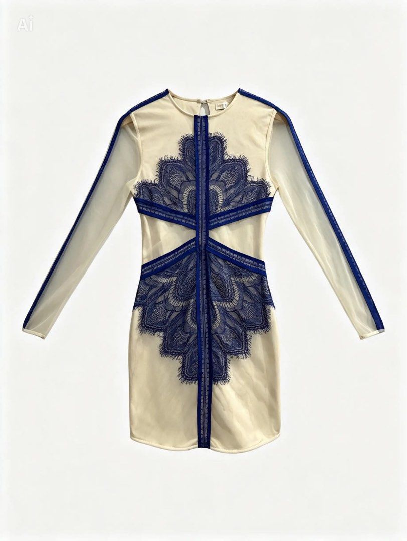 JUST ADDICT (Category: Dresses) located in Davao. Submitted by sart0ria85 (Listing ID 1464610470, Image 1). Description: A skin tone bodycon dress in sheer sleeves ans with blue laceworks. Super gorgeous! 85% POLYESTER 15%COTTON MADE IN CHINA 🇨🇳 MEDIUM. Size 6 EXCELLENT CONDITION (98/100).