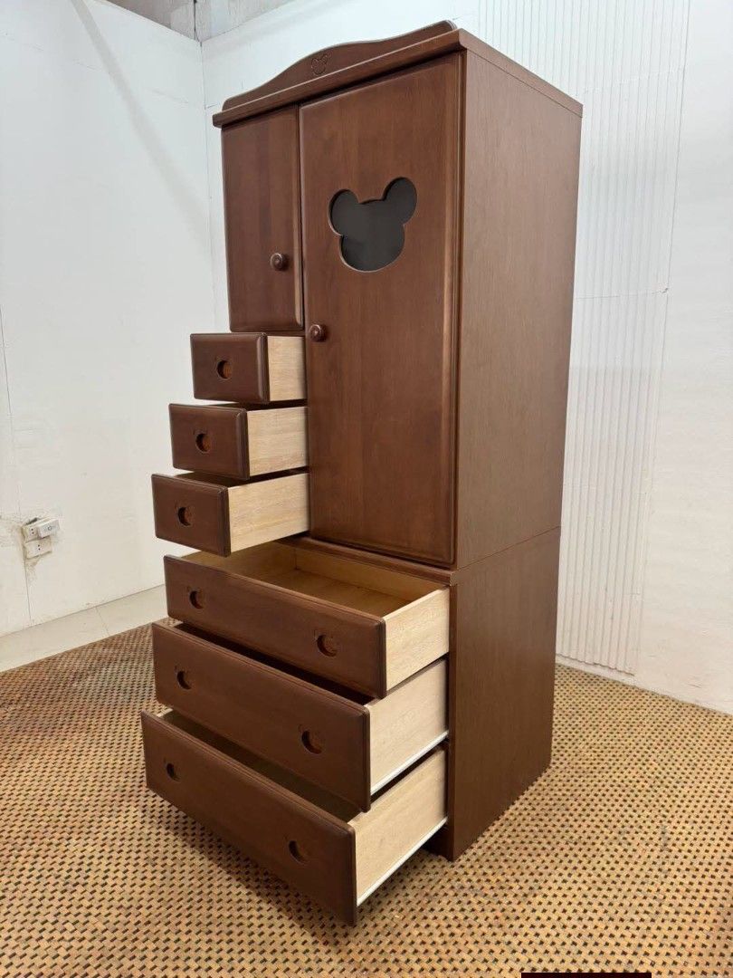 Kids Wardrobe (Category: Shelves, Cabinets & Racks) located in Meycauayan. Submitted by marygracecasimiro (Listing ID 1464665026, Image 3). Description: Vintage Wooden Kids’ Wardrobe with Drawers & Shelves Price: 12,900 L29.5 x W22 x H73 In good condition💜💜.