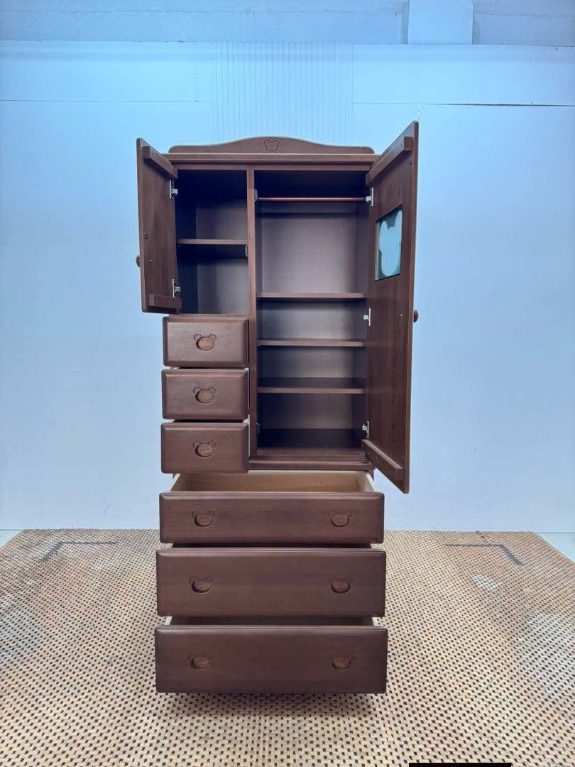 Kids Wardrobe (Category: Shelves, Cabinets & Racks) located in Meycauayan. Submitted by marygracecasimiro (Listing ID 1464665026, Image 2). Description: Vintage Wooden Kids’ Wardrobe with Drawers & Shelves Price: 12,900 L29.5 x W22 x H73 In good condition💜💜.