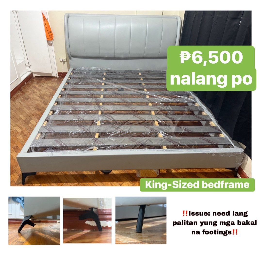 King-Sized Bedframe - Grey Headboard (Category: Bed Frames & Mattresses) located in Paranaque City. Submitted by nicoleee.lirio (Listing ID 1464620737, Image 1). Description: Rush move-out sale na po (nego pa sa sure buyer) - King-size bedframe - Grey headboard - Slatted base - Footings need replacement with metal ones - Price: P6,500.