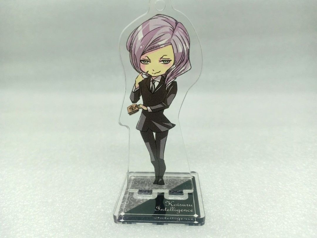 Koisuru Intelligence Anime Acrylic Stand Figure Charm (100 each) (Category: Designer & Blind Box Toys) located in Pila. Submitted by Yela.ph_1 (Listing ID 1464713140, Image 2). Description: - Official Koisuru Intelligence merchandise - Features characters in formal black suits with cute accessories and plushies - Dual-use: Can be displayed on the themed base or used as a keychain with the included ball chain - Clean surface with protective clear 
