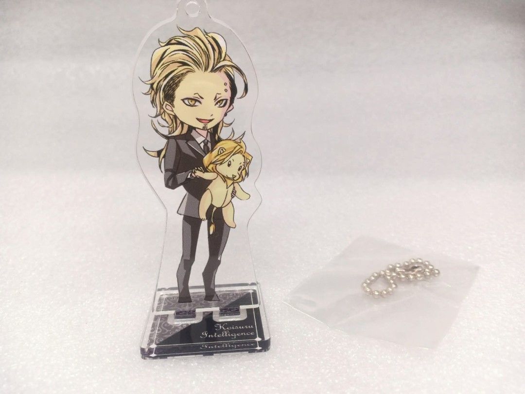 Koisuru Intelligence Anime Acrylic Stand Figure Charm (100 each) (Category: Designer & Blind Box Toys) located in Pila. Submitted by Yela.ph_1 (Listing ID 1464713140, Image 3). Description: - Official Koisuru Intelligence merchandise - Features characters in formal black suits with cute accessories and plushies - Dual-use: Can be displayed on the themed base or used as a keychain with the included ball chain - Clean surface with protective clear 