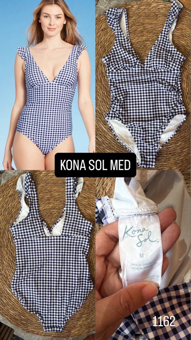 Kona Sol Gingham Ruffle One-Piece Swimsuit Medium (Category: Bikinis & Swimsuits) located in Malabon City. Submitted by lheithriftshop (Listing ID 1464655823, Image 2). Description: - Cute gingham one-piece swimsuit from Kona Sol - Features adorable ruffle details on the straps - Flattering plunging neckline - Size: Medium - Ideal for your next beach or pool outing.