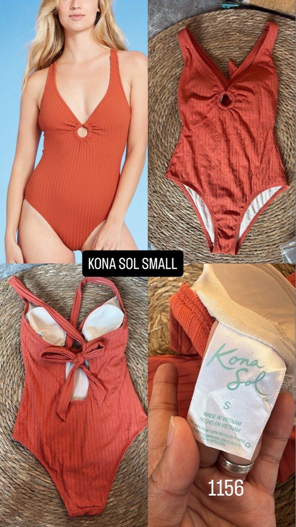 Kona Sol Ribbed Ring Front One Piece Swimsuit Size S (Category: Bikinis & Swimsuits) located in Malabon City. Submitted by lheithriftshop (Listing ID 1464625018, Image 2). Description: - Rust orange ribbed one-piece swimsuit - Brand: Kona Sol - Features a ring detail at the bust - Tie-back closure - Textured fabric for a stylish look - Size: Small - Perfect for beach or pool days.