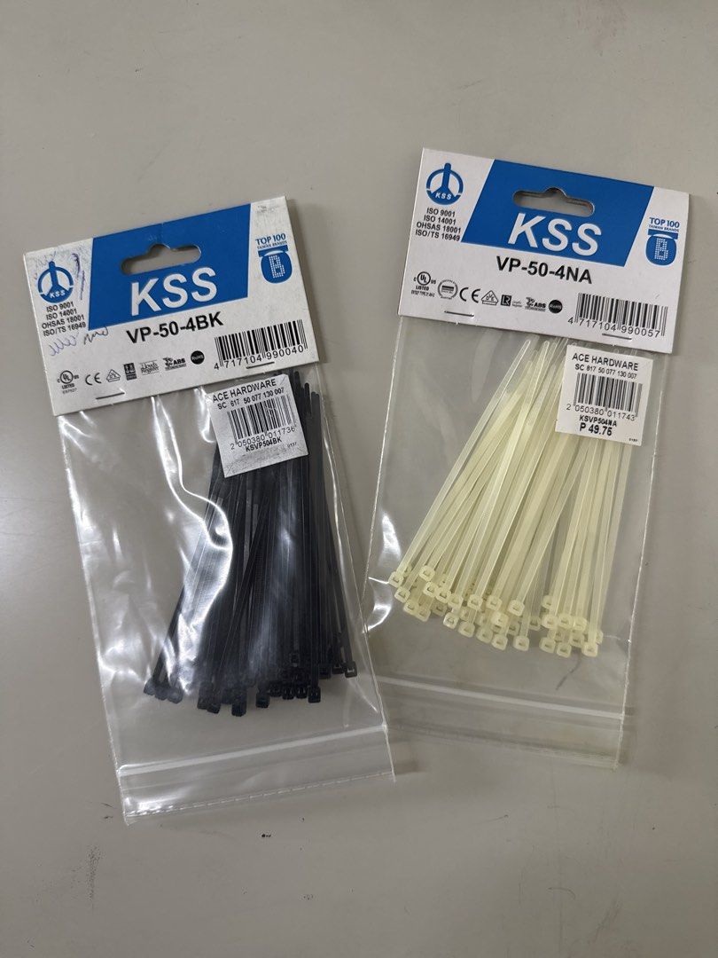 KSS VP-50 Cable Ties - Black & Natural (Category: Cables & Adaptors) located in Makati City. Submitted by avic_c (Listing ID 1464572711, Image 1). Description: - 2 packs of KSS Cable Ties - Each pack: 4 inches x 50 pieces - Colors: 1 Black, 1 Natural/Off-white - Material: 100% Nylon - Made in Taiwan - Ideal for cable management, gardening, and automotive applications 50 pesos for the two packs RFS: decluttering Available if not yet labeled SOLD.