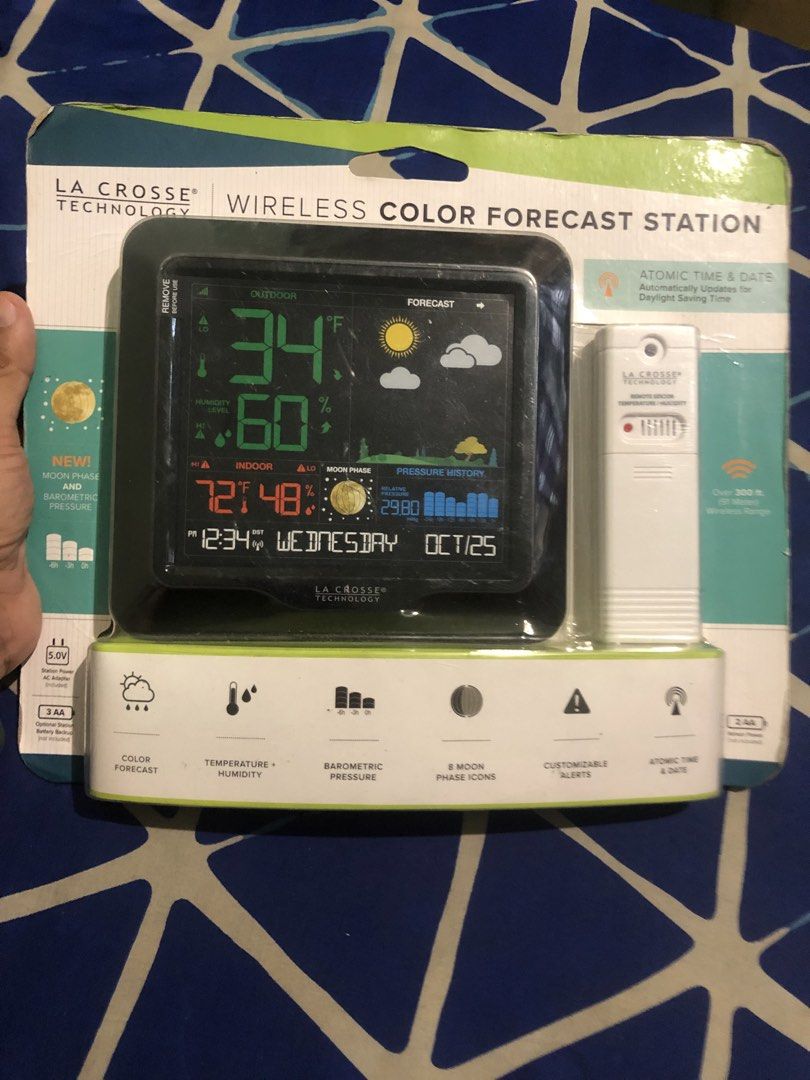La Cross tech Wireless color forecast station atomic clock (Category: Clocks) located in Quezon City. Submitted by markgolveo (Listing ID 1464648641, Image 1). Description: La Cross tech Wireless color forecast station atomic clock Bnew old stock sealed un opened Atomic accurate clock With weather forecast feature Temperature humidity barometric pressure checking feature .
