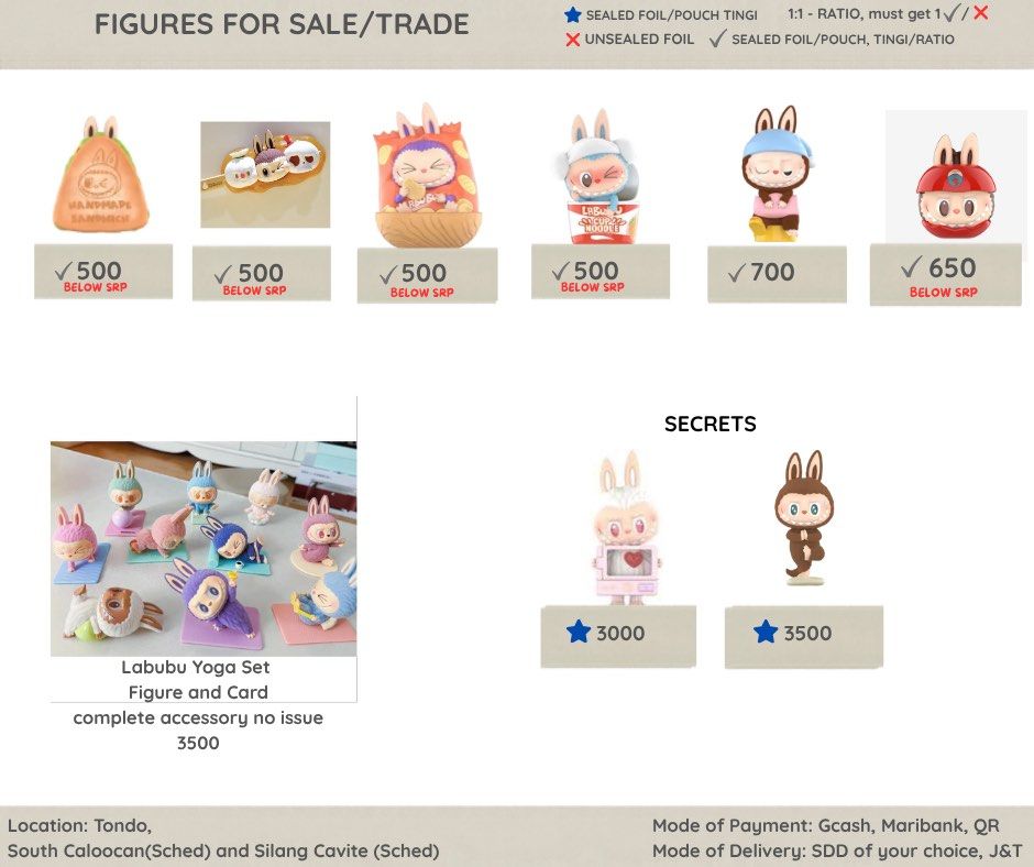 Labubu Figures for sale (Category: Designer & Blind Box Toys) located in Manila. Submitted by lebronlabubu (Listing ID 1464610276, Image 1). Description: - Authentic Labubu & other blind box figures available! - Prices start at P500. Special item: Labubu Yoga Set for P3500. - All items are priced below Suggested Retail Price (SRP). - Condition varies: some are sealed, some are opened. Please check photos for exact condition. - Meetup locations: T