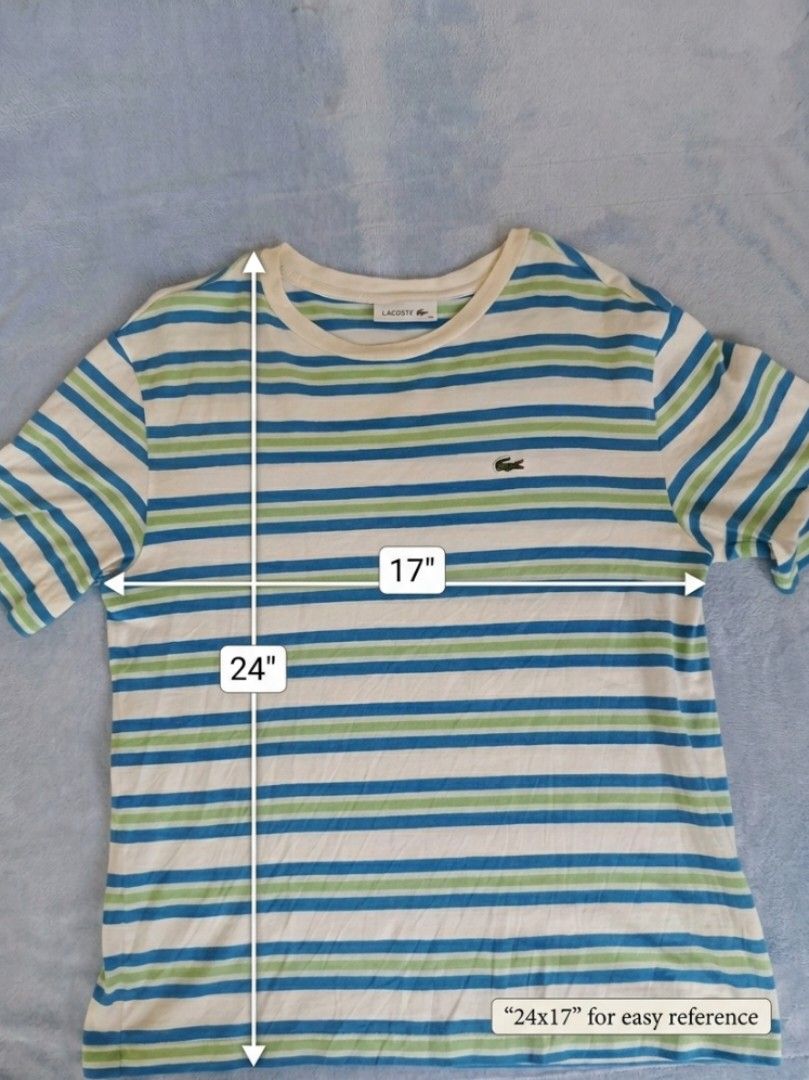 Lacoste Striped T-Shirt Size 36 (Category: Tshirts & Polo Shirts ) located in City of Isabela. Submitted by warmbird.d06e6f (Listing ID 1464618236, Image 3). Description: - Classic Lacoste T-shirt - Blue and green stripe pattern - Features iconic crocodile logo - Tag size: 36 - Measurements: 24 inches (length) x 17 inches (width) - Ideal for casual wear no issue jnt Luzon Visayas Mindanao .