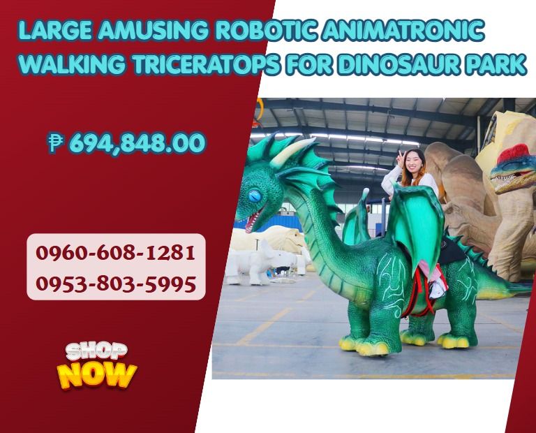 Large Amusing Robotic Animatronic Walking Triceratops for Dinosaur Park (Category: Construction Tools & Equipment) located in Caloocan City. Submitted by acergollem65014 (Listing ID 1464579061, Image 1). Description: 1.Carbon steel mechanical structure; 2.Domestic first-line brush motor; 3.High density sponge (95% rebound rate); 1.Mouth open and close synchronized with dinosaur sound 2.head up and down- left to right 3.walking 4.equip with saddle