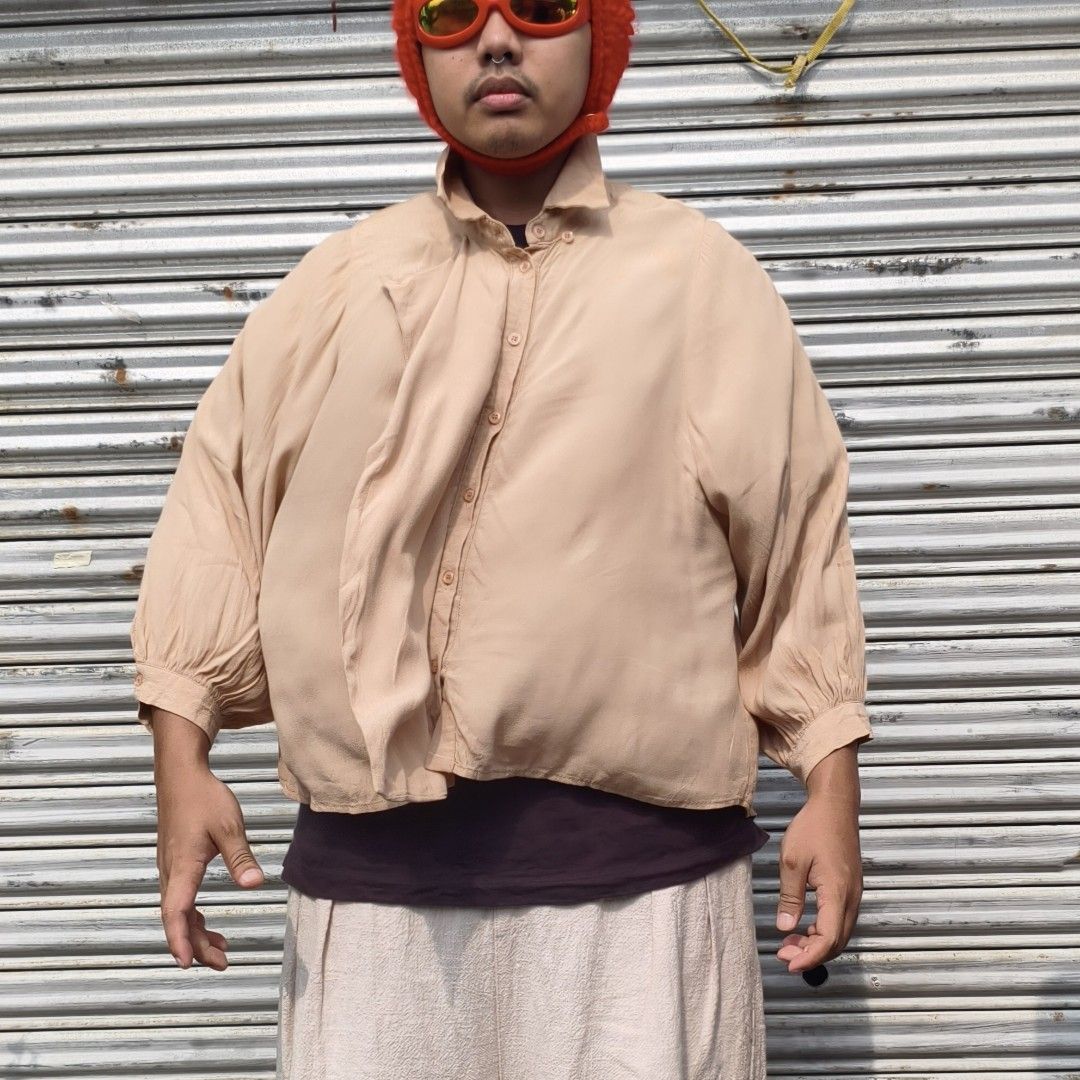 (large Men) layered tan flowy top (Category: Blouses) located in Lucena. Submitted by minryism (Listing ID 1464663821, Image 1). Description: tan layered light weight shirt v french fits large men fits xl ladies onli 300 L:29" W:24" Sleeves:21" can accommodated sizes upto xl cropped sya perfect for low rise jeans or tiered skirt super presko af i think i lavet 🫶🫶🫶🫶🫶 forda best fit po u can measure ur fav garments to compare if iz a match!!! 