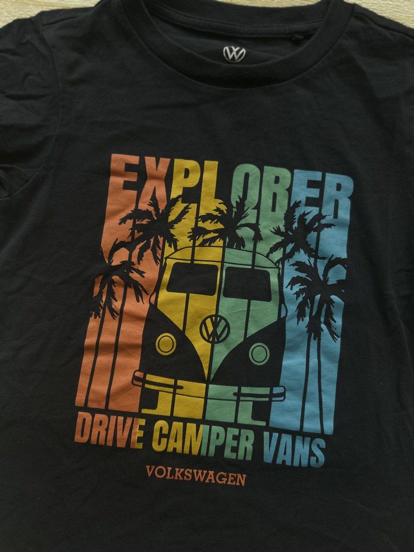 Lativ Navy blue t-shirt (Category: Babies & Kids Fashion) located in Cebu City. Submitted by yjainani (Listing ID 1464593804, Image 2). Description: an official Volkswagen camper van graphic with the text "EXPLORER DRIVE CAMPER VANS VOLKSWAGEN.