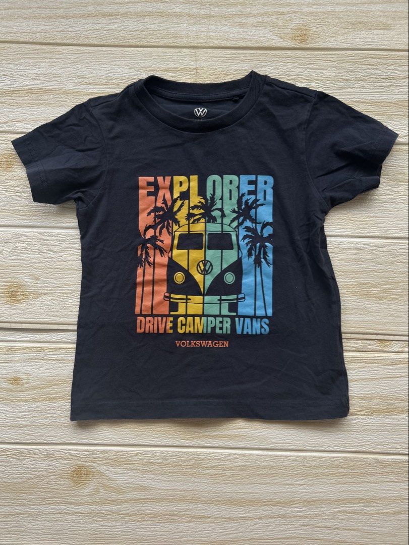 Lativ Navy blue t-shirt (Category: Babies & Kids Fashion) located in Cebu City. Submitted by yjainani (Listing ID 1464593804, Image 1). Description: an official Volkswagen camper van graphic with the text "EXPLORER DRIVE CAMPER VANS VOLKSWAGEN.