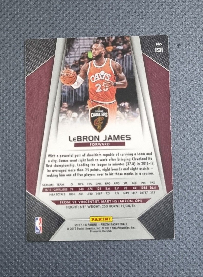 LeBron James (Category: Raw Singles) located in Pasig City. Submitted by MaryandXaviersCorner (Listing ID 1464694259, Image 2). Description: Lebron James 2017 Prizm Card Actual pictures of the item posted Will be shipped in a toploader and bubblewrap Please check my other NBA cards listings..