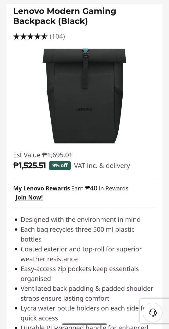 Lenovo Modern Gaming Backpack (Black) (Category: Laptop Bags & Sleeves) located in Manila. Submitted by xethtm (Listing ID 1464597258, Image 1). Description: - Lenovo Modern Gaming Backpack in Black - Made with recycled plastic bottles for an eco-conscious choice - Weather-resistant exterior coating - Convenient easy-access zip pockets - Ventilated back padding for maximum comfort - Lycra water bottle holders on the sides - Durable handle for lon