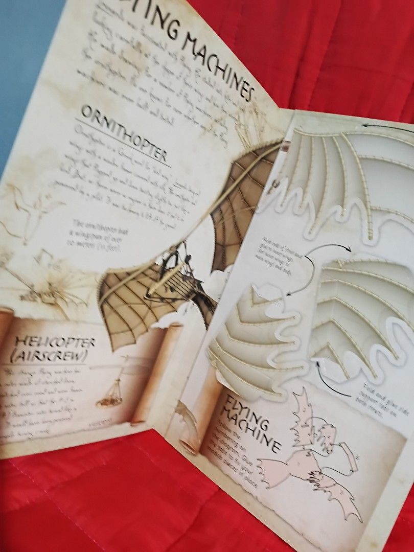 Leonardo Da Vinci's Inventions Book with 4 Models (Category: Children's Books) located in Manila. Submitted by krishna_ayanami (Listing ID 1464741716, Image 3). Description: Leonardo da Vinci's Inventions book by Katherine Sully. Includes informative text and vivid illustrations about Renaissance genius. Press out cardboard pieces inside to build four fantastic models including flying machines, weapons, ornithopter, helicopter, and tank. Engaging
