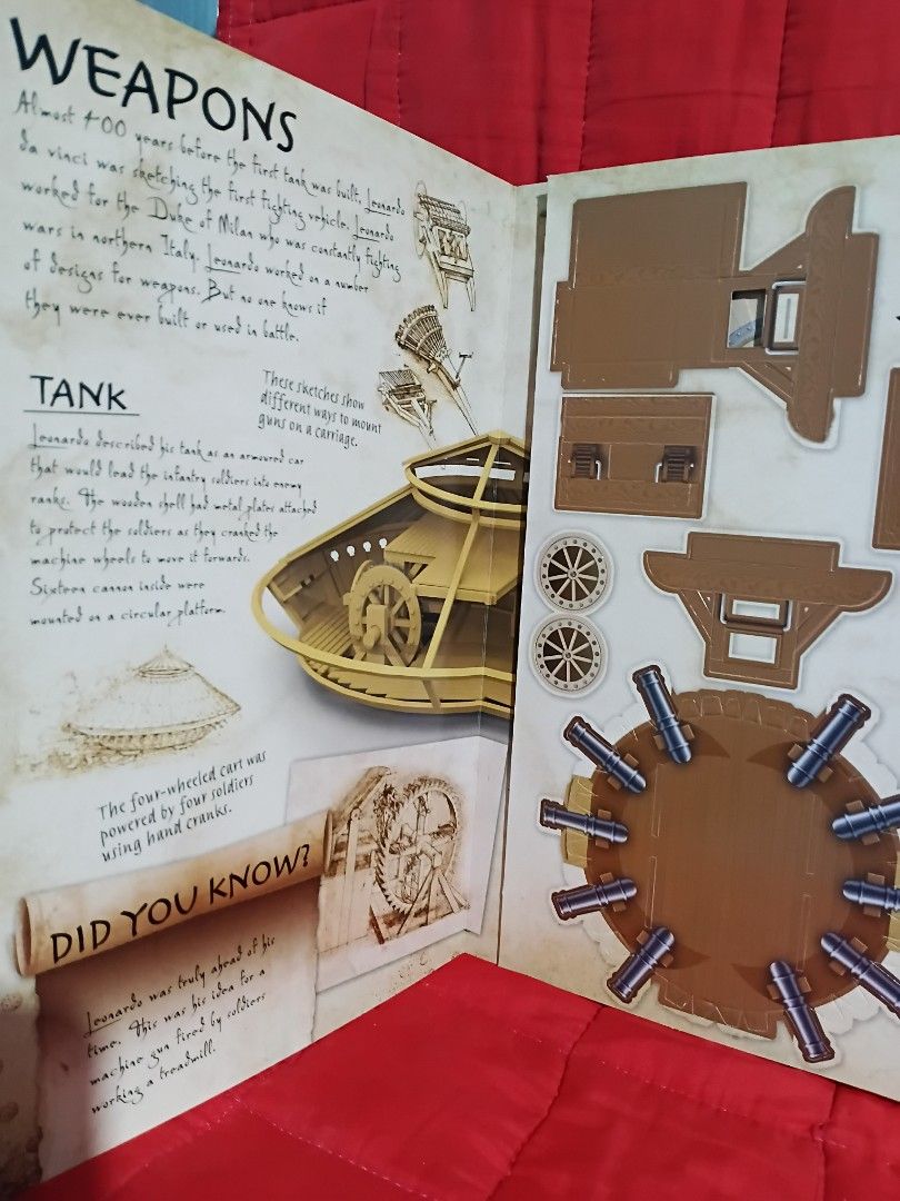 Leonardo Da Vinci's Inventions Book with 4 Models (Category: Children's Books) located in Manila. Submitted by krishna_ayanami (Listing ID 1464741716, Image 2). Description: Leonardo da Vinci's Inventions book by Katherine Sully. Includes informative text and vivid illustrations about Renaissance genius. Press out cardboard pieces inside to build four fantastic models including flying machines, weapons, ornithopter, helicopter, and tank. Engaging
