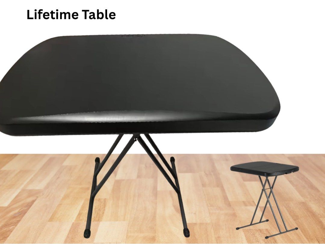 Lifetime Portable Folding Table with Stool black (Category: Tables & Sets) located in Pasay City. Submitted by claydacy (Listing ID 1464754184, Image 1). Description: - Brand: Lifetime - Color: Minimalist all-black design - Includes: Folding table and matching mini stool - Build: Heavy-duty construction with sturdy metal legs and smooth rounded top - Convenience: Sets up fast and packs down flat for easy storage - Ideal for: Extra workspace, stud
