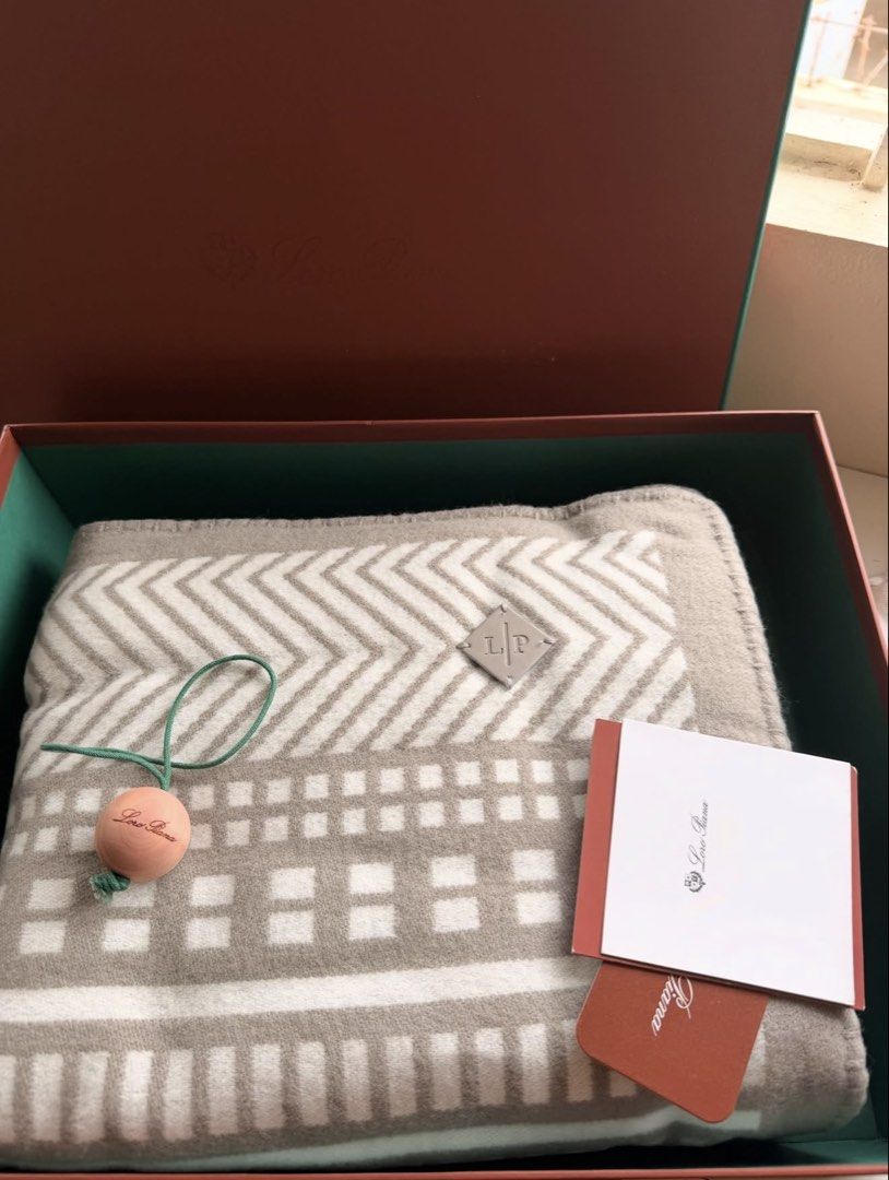 Loro Piana Cashmere Blanket Throw (Category: Bedding & Towels) located in Las Pinas. Submitted by twiceloved24 (Listing ID 1464590555, Image 1). Description: - Crafted from a soft cashmere blend - Elegant geometric and subtle plaid pattern - Includes original box and tags - Ideal for ultimate comfort and warmth.