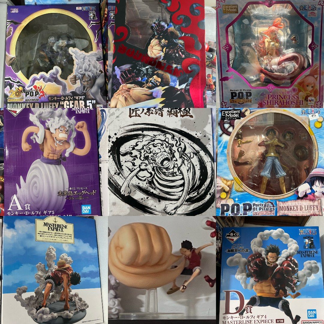 Lot Sale: Luffy figures (Category: Figurines & Statues) located in Pateros City. Submitted by bentables.bentables (Listing ID 1464667965, Image 1). Description: Lot sale - Set only , no break set 1. IK Luffy G2 / BIB 2. IK Luffy G3 / Loose w/ issue - glued thumb to mouth 3. IK Luffy G4 / BIB 4. IK Luffy G5 - Running / BIB 5. IK Luffy G5 - Spinning / BIB 6. POP Luffy Sailing Again / BIB *faded box 7. POP Luffy G4 / BIB w/ BB 8. POP Luffy G5 / BIB 