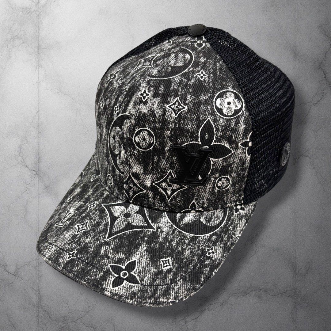 Louis Vuitton Monogram Denim Mesh Baseball Cap (Category: Caps & Hats) located in Cavite. Submitted by itsayaaa (Listing ID 1464698998, Image 1). Description: - Brand: Louis Vuitton - Style: Monogram baseball cap in black and white bleached denim wash - Comfort: Breathable mesh back panels - Hardware: Signature black LV metal logo on the front panel - Fit: Adjustable strap at the back for a custom fit - Condition: Pristine, clean fabric with zero
